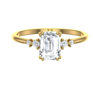 Bague de fiançailles en diamant de laboratoire taille émeraude avec diamants latéraux, minimaliste, élégante, trois pierres, plaqué or 18 carats, rhodiée, sertie à griffes - Product Image 1