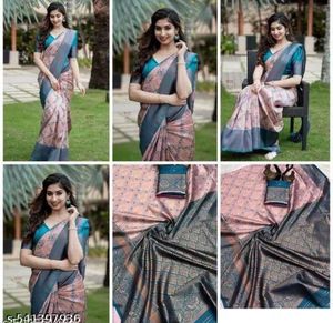 Sari tradicional indio de seda con estampado floral y borde azul para mujer, ropa de boda disponible al mejor precio - Product Image 4