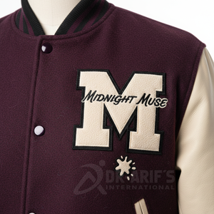 Veste universitaire pour homme, couleur crème et bordeaux, manches en cuir, broderie M48, style preppy, col rabattu, automne, grande taille - Product Image 3