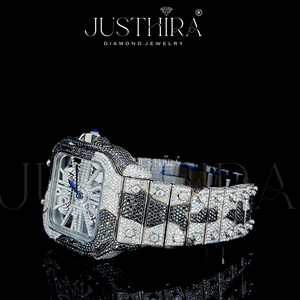 Montre de luxe pour homme en acier inoxydable avec cadran en verre et mouvement japonais, entièrement sertie de diamants Moissanite VVS noirs et blancs, fabriquée sur mesure - Product Image 4