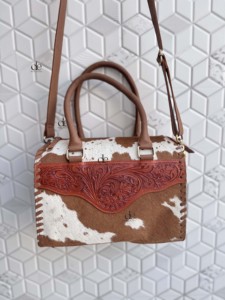 Fashionable Hair-On Hide Cowhide Leather Speedy <b>Bag</b> Hand Tooled Leather Floral Carving Western <b>Shoulder</b> Purse For Women Use - Product Image 1