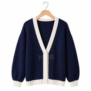 HMR Sisterhood Sorority Acrylic <b>Navy</b> Blue Knitted <b>Cardigan</b> With Cream Trim Long Sleeve Casual Open Front Sweater - Product Image 5