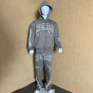 Ensemble survêtement gris délavé à l'acide pour homme, sweat à capuche et pantalon de jogging, style streetwear oversize, logo personnalisé - Product Image 1