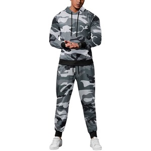Men <b>Camouflage</b> Hooded <b>Tracksuit</b> Full Sleeve Drawstring Closure Casual Sport Wear Autumn Breathable Polyester Joggers Set - Product Image 1