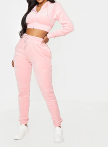 Ensemble haut court à capuche et pantalon en velours rose pour femme, manches longues, vêtements de sport décontractés, coupe régulière, couleur unie, toutes saisons - Product Image 5