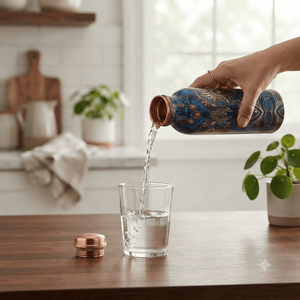 Botella de Agua Artesanal de Cobre con Diseño Geométrico Azul, Recipiente Metálico Reutilizable para Bebidas, Venta al por Mayor, Hecho a Mano en India, Regalo para Cocina, Exportación - Product Image 3