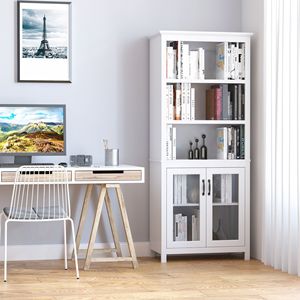 Libreria in Legno Massello con 3 Ripiani Aperti e Doppia Anta per Ufficio Domestico, Soggiorno, Esposizione - Bianco - Product Image 2