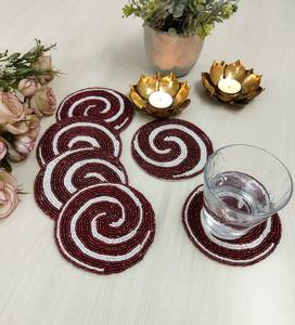 Handmade Beaded Coaster Set Of 6 Red White Spiral <b>Drinkware</b> Accessories For Coffee Drinking Bar Mats Classic Style Washable - Product Image 2