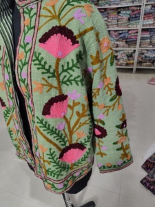 Women's Embroidered Floral Jacket Green With Pink And Purple Flowers Long Sleeve Traditional Style <b>gift</b> for her - Product Image 3