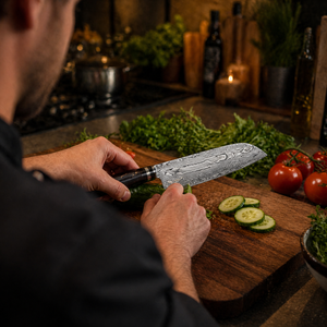 Couteau Santoku artisanal UMAR FAROOQ, lame en acier Damas de 3,0 mm d'épaisseur, manche en bois moderne, étui en cuir, écologique, 7 - Product Image 4
