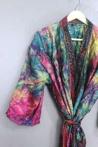 Robe kimono vintage tie-dye pour femme, longueur intégrale, manches trois quarts, col en V, tissage doux, 100% soie, vêtements de détente, printemps, taille XL adulte - Product Image 3