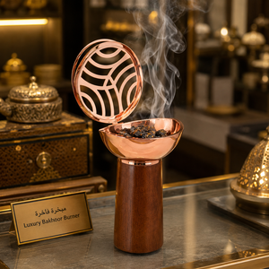 Mabkhara en bois contemporain avec finition laiton doré, brûleur de Bakhoor, porte-oud arabe, centre de table de luxe, décoration pour encens au charbon, fournisseur de cadeaux - Product Image 1