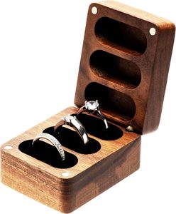Walnut Wooden Wedding Ring <b>Storage</b> <b>Box</b>, Solid Ring Holder <b>for</b> 3 Slots, <b>Black</b> Inner - Product Image 1
