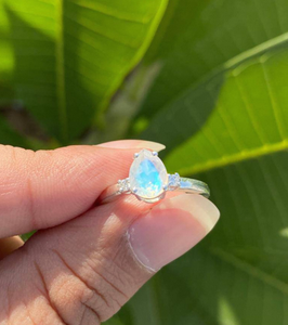 Pear Rainbow Moonstone <b>Ring</b> Sterling Silver <b>CZ</b> Accents Teardrop Gemstone Minimalist Handmade Women Jewelry - Product Image 3