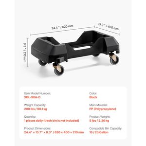 Carrello Sottile per Bidoni con 4 Ruote Bloccabili, Capacità di Carico 90 kg, per Contenitori da 60/85 Litri, Base a Rulli Resistente - Product Image 4