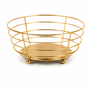 Corbeille à fruits géométrique en fil d'or avec base en bois, bol à fruits de luxe en fer et métal pour comptoir de cuisine, rangement et décoration de table - Product Image 3