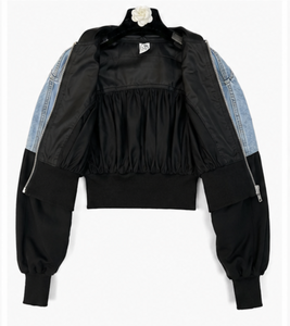 Women's <b>Cropped</b> <b>Denim</b> Patchwork Bomber <b>Jacket</b> Casual Zip Up Color Block Ruched Balloon Sleeve Streetwear Ruched <b>Jacket</b> - Product Image 4