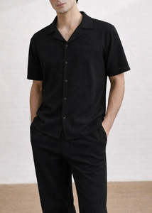 Men Casual High Quality Men Black Two-Piece Set Short Sleeve Button-Up Shirt Relaxed <b>Pants</b> Casual Co-ord Outfit OEM Custom Logo - Product Image 5