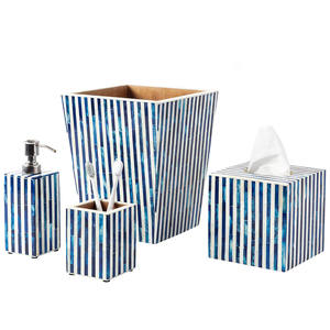 Luxury Beach Resort Mother of Pearl <b>Soap</b> Dispenser Tissue Box <b>Set</b> Elegant Navy Blue MOP Bathroom Accessories Hospitality Decor - Product Image 1