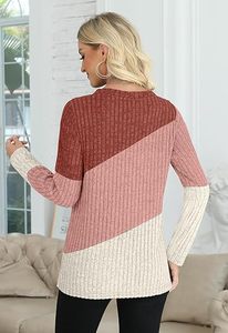 Suéteres Ligeros para Mujer, de Manga Larga, Tejido, con Bloques de Color, Cuello Redondo, para Otoño e Invierno - Product Image 2