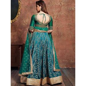 Green Embroidered Silk A-Line Plus Size Bridesmaid <b>Lehenga</b> Choli with Ruffles - Product Image 4