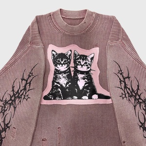 Nouveau Pull en Tricot Effet Vieilli Gothique avec Patch Chaton, Col Rond Ample et Épais, Manches Tribales - Product Image 4