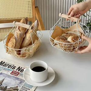 Metal Wire <b>Basket</b> with Wood Handle Decorative Serving <b>Basket</b> for Bread Food Fruit <b>Egg</b> Home Organizer Kitchen Storage Fruit Bins - Product Image 4