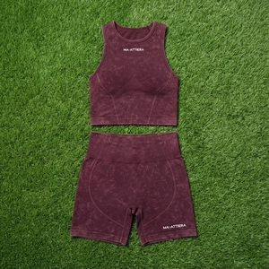 Women Burgundy Acid Wash Yoga Set Sleeveless <b>Crop</b> Tank <b>Top</b> High Waist Biker <b>Shorts</b> Gym Fitness Workout Activewear - Product Image 6