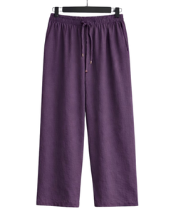 Ensemble deux pièces décontracté en coton et lin pour femme : chemise gris clair et pantalon large violet – Fabricant OEM personnalisé - Product Image 2