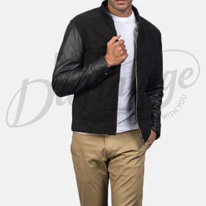 Blouson aviateur en cuir véritable noir pour homme avec poignets côtelés rayés et fermeture éclair - Product Image 3