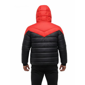 Veste matelassée à capuche rouge et noire pour homme, légère, chaude, zippée, coupe-vent, décontractée, pour l'extérieur - Product Image 5