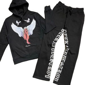 Survêtement pour homme noir respirant à capuche avec imprimé ange, manches longues, cordon de serrage, pantalon de survêtement avec poches latérales, vêtements d'automne - Product Image 1