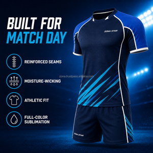 Uniforme de Rugby Personalizado al por Mayor, Sublimado, Azul Oscuro y Claro, Transpirable, de Secado Rápido, Conjunto de Camiseta y Pantalones Cortos, Ropa Deportiva para Equipos, OEM - Product Image 5