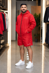 REXFIT SPORTS 2026 Custom Red Nylon <b>Short</b> Set <b>Men</b> Hooded <b>Zip</b> Up Jacket <b>Shorts</b> Two Piece Sportswear Set Custom Logo Streetwear - Product Image 4