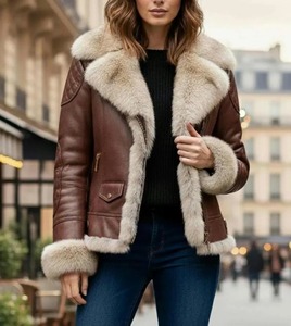 Chaqueta de aviador de piel de oveja marrón para mujer, forrada de piel, ropa de abrigo para invierno - Product Image 1