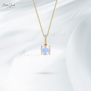 Productos en Tendencia: Colgante Colgante de Piedra Lunar Arcoíris de Corte Cojín de 0.71 Ctw con Acento de Diamante en Oro Sólido de 14k, Colgante Doble de Piedra Natal - Product Image 6