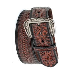 Cinturón de cuero genuino para hombre, hecho en India, estilo western, con hebilla de latón grabada con motivos florales, cinturón de vaquero. - Product Image 5