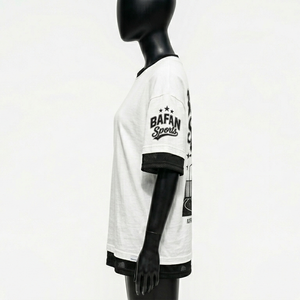 Premium cotton polyester jersey women double layer T <b>shirt</b> <b>white</b> outer black inner mesh sleeve panels Cotton Double Layer <b>Shirts</b> - Product Image 3