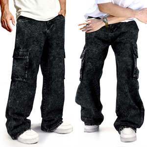 Jean cargo droit en denim pour homme, coupe ample, taille mi-haute, déchiré, couleur unie, style décontracté, collection automne - Product Image 6