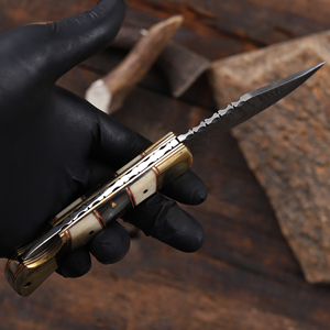 Damascus Steel Bevel Folding Utility <b>Knife</b> Pakka Wood <b>Handle</b> Leather Sheath ODM OEM Pocket EDC Hunting Camping Industrial Grade - Product Image 5