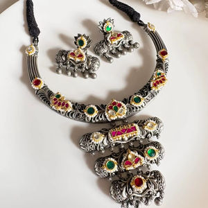 Kundan hasli necklace with <b>earings</b> brass base and silver look alike Polish - Product Image 1