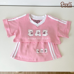 Seun Kids Girls Crop <b>Top</b> <b>and</b> <b>Skirt</b> Set Short Sleeve Cartoon Bear Print Cute <b>White</b> Pink 100% Cotton - Product Image 5