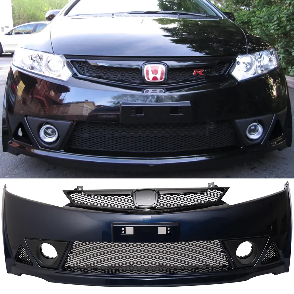 Cubierta de parachoques delantero estilo PP Mugen RR sin pintar con rejilla superior e inferior y luces antiniebla para Honda Civic 2006-2011