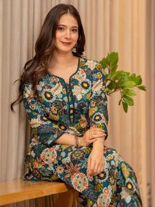 Ethnic Cotton Quick Dry Traditional Knee-Length <b>Kurta</b> Pant <b>Women</b> Regular Fit Digital Printed Floral Design India Pakistan Casual - Product Image 1