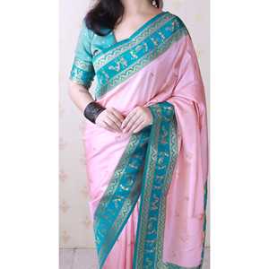 Sari Tradicional de Seda Suave Rosa Bebé con Bordado Zari, Arte Warli, Ropa India y Pakistaní - Product Image 5