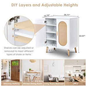 Scarpiera Verticale a 2 Ante FCH in Truciolato con Telaio Bianco, Superficie in Rattan Naturale, Piedini Alti Dorati, Elegante Scarpiera Bianca - Product Image 2