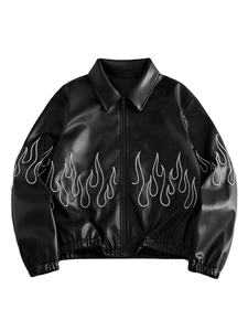 Veste en cuir pour homme, broderie flamme, fermeture éclair, style bomber, streetwear, vêtement d'extérieur tendance - Product Image 5
