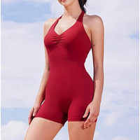 Combinaison moulante à col halter froncé pour femme, une pièce, col en V, avec soutien-gorge rembourré pour le fitness et la gym