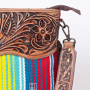 Rainbow aztec Saddle blanket กระเป๋าหนังแท้แบบตะวันตก Crossbody พร้อมสายเครื่องมือและพู่ - Product Image 4