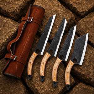 Handmade High Carbon Steel <b>Knife</b> <b>Set</b> -4 Pcs Kitchen <b>Knife</b> <b>Set</b> Straight Edge With Leather Roll Bag With Wooden Handle - Product Image 1